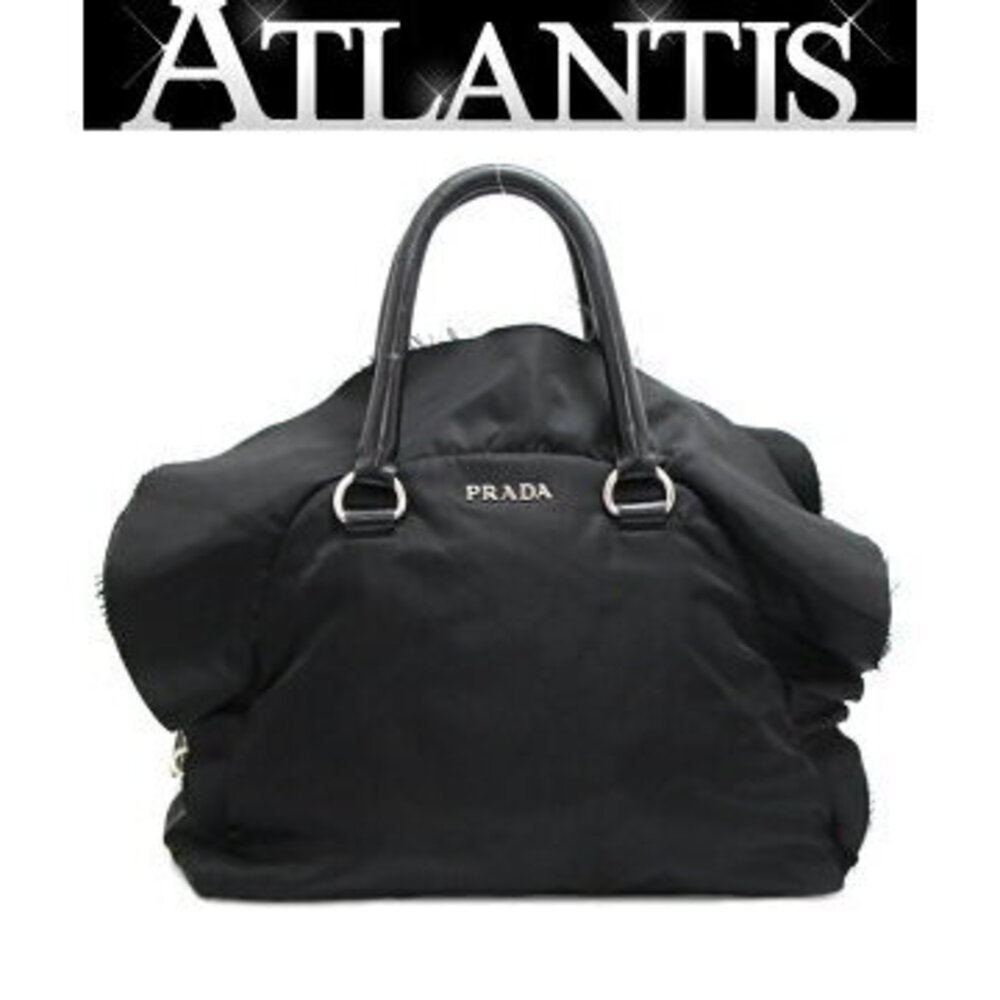 Prada Frill Tote Bag Leather Black